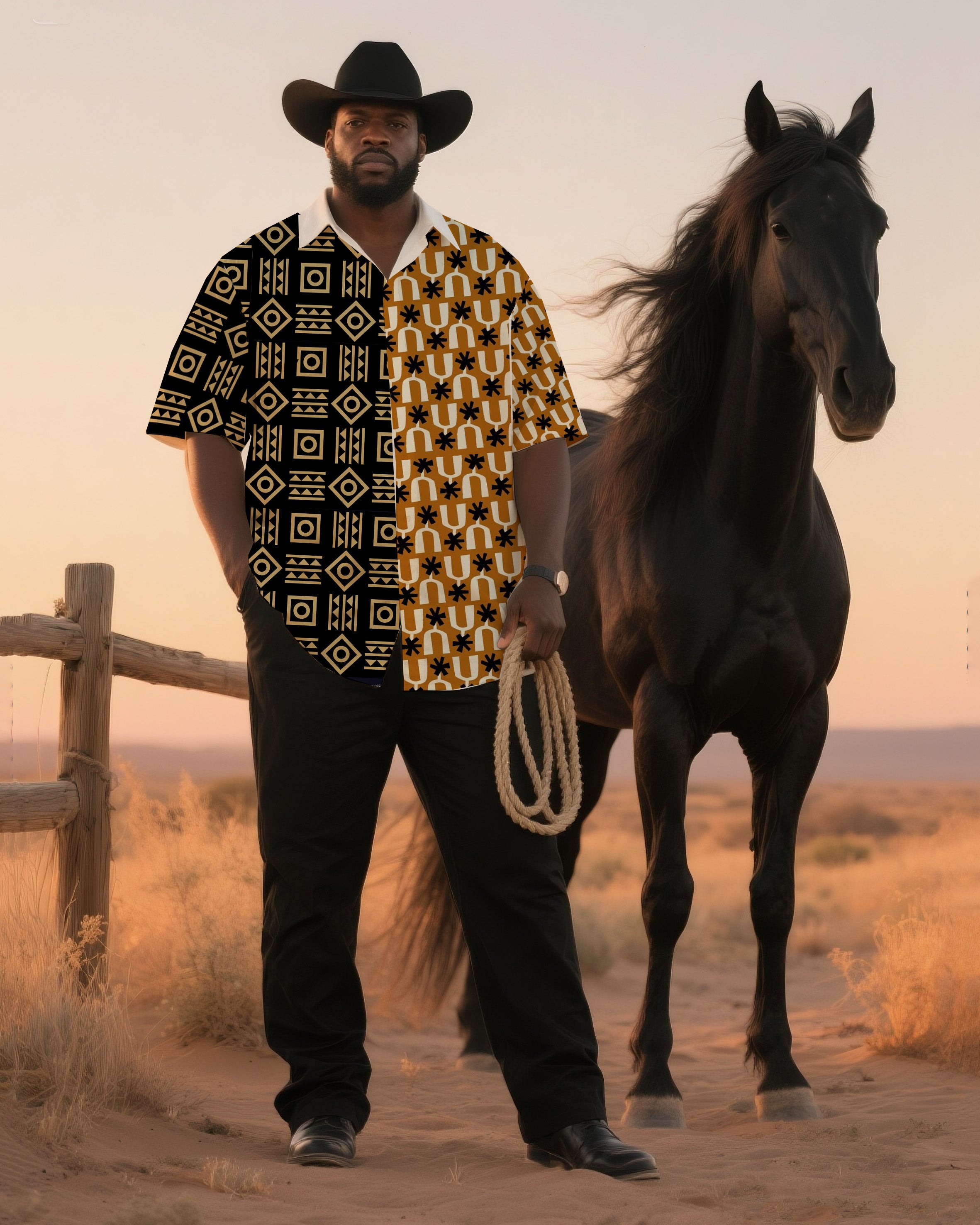 Big & Tall Men's Daily Leisure Western Style Ethnic Style Stitching-Short Sleeve Shirt And Pants Suit