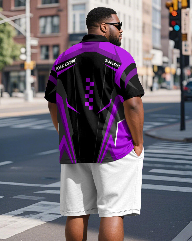 Big & Tall Men's Sports Geometric Alphabet Print Short Sleeve Polo Shirt Shorts Suit
