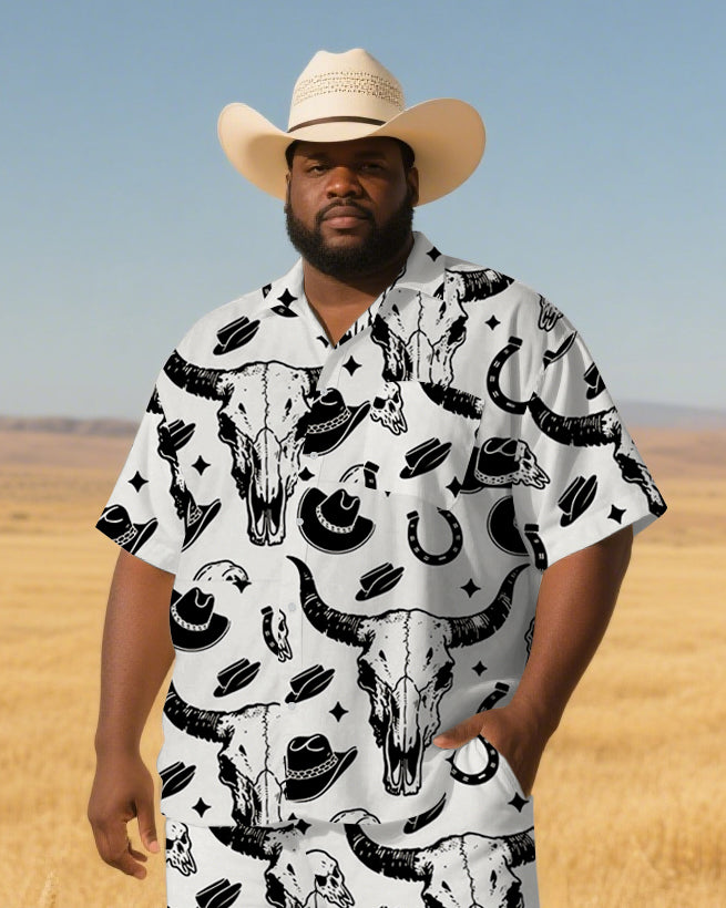 Big Men's Cowboy Style Cartoon Cow & Hat Printed Outdoor Short-Sleeve Shirt Pants 2-piece Sets