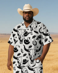 Big Men's Cowboy Style Cartoon Cow & Hat Printed Outdoor Short-Sleeve Shirt Pants 2-piece Sets