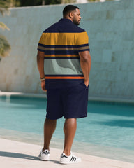 Big & Tall Men's Summer Dark Blue Striped Polo Short Sleeve Shirt Shorts Suit