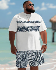Hawaiian Simple Striped Leaf Print Shorts Big Guy's Set