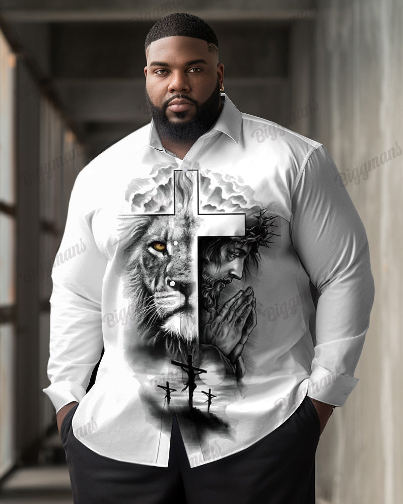 Big Men's Casual Lion Jesus Ink Painting Print Lapel Long Sleeve Shirt