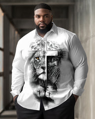 Big Men's Casual Lion Jesus Ink Painting Print Lapel Long Sleeve Shirt