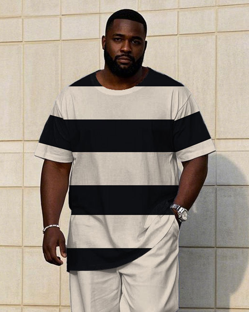 Big & Tall Men's Summer Apricot Thick Striped Short Sleeve T-Shirt Trousers Suit
