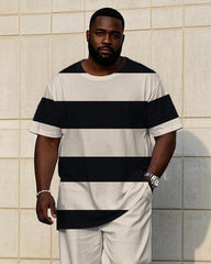 Big & Tall Men's Summer Apricot Thick Striped Short Sleeve T-Shirt Trousers Suit