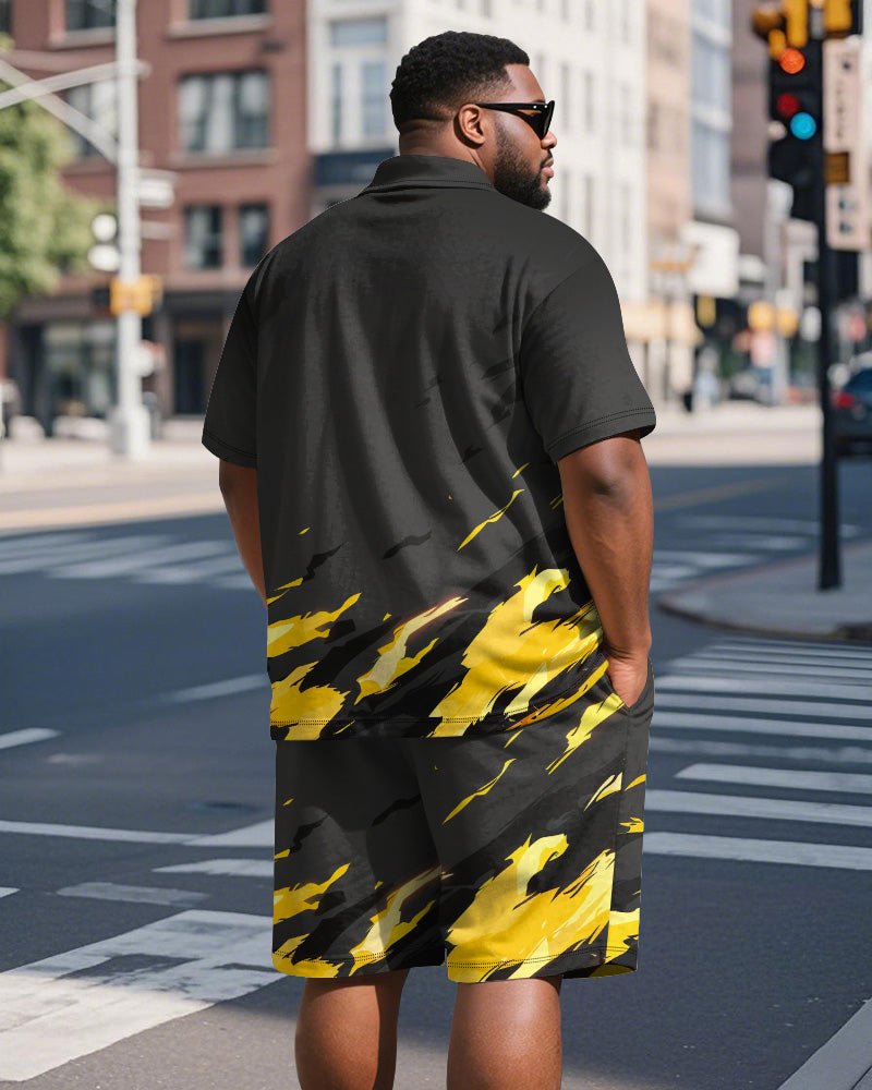 Big & Tall Men's Business Black Stroke Graffiti Print Short Sleeve Polo Shirt Shorts Suit