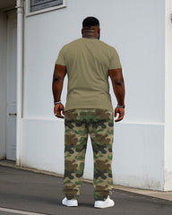 Men's Plus Size Casual Khakis & Green Army Camouflage "Respect" Slogan Chest Print Short-sleeved T-shirt Trousers Suit