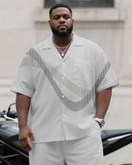 Men's Plus Size Business Gray Gradient Wave Stripe Print Short Sleeve Shirt Trousers Suit