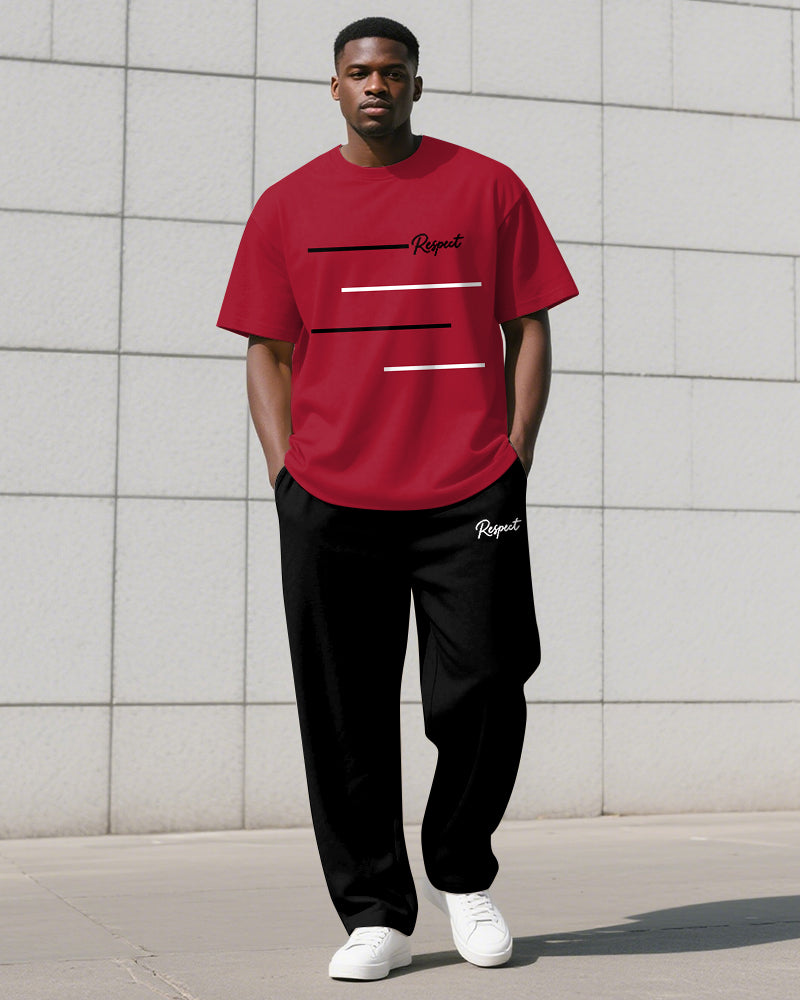 Men's Plus Size Simple Line Color Matching Respect Letter Printed T-shirt Trousers Suit