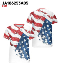 Men's Plus Size Independence Day American Flag Print Henley Collar Button Short Sleeve Tee