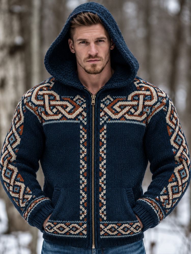 Men's Blue Celtic Knot Geometric Zip Cardigan Knit Sweater
