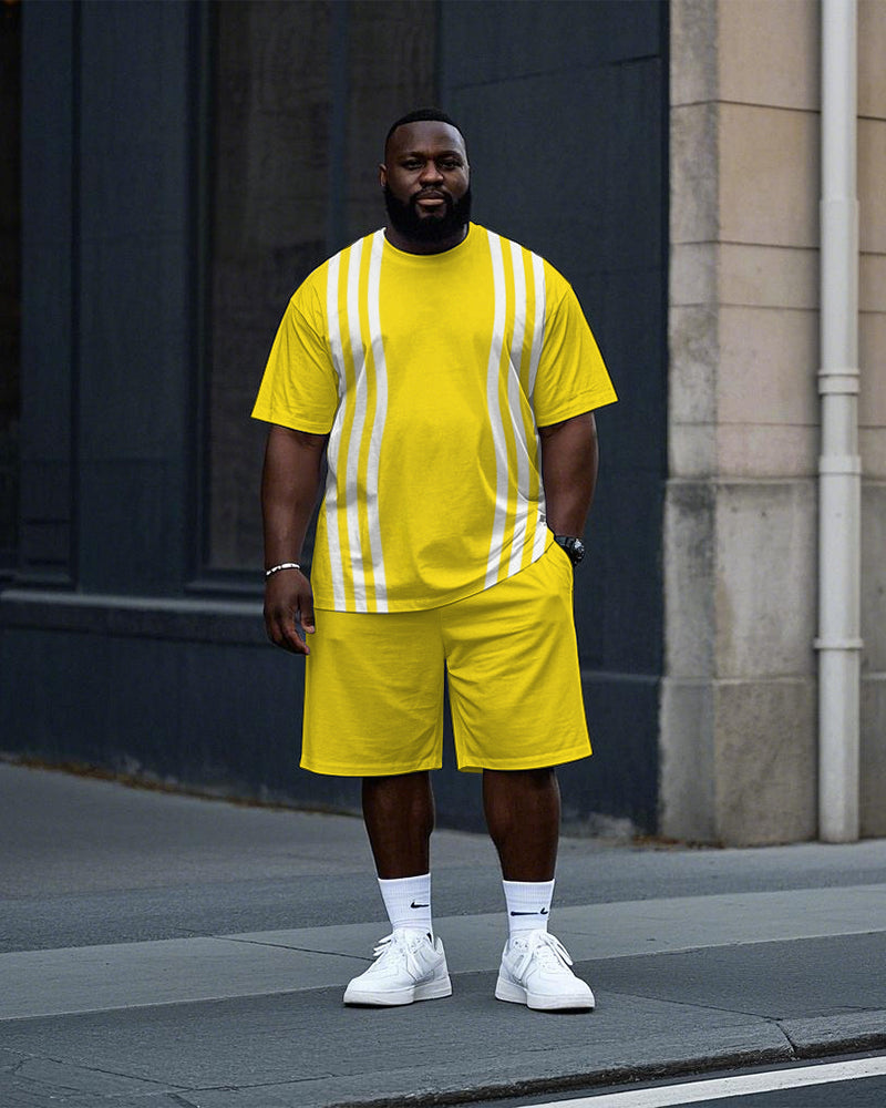 Big Men's Daily Casual Simple White Stripe Printed Short Sleeve T-Shirt Shorts Set