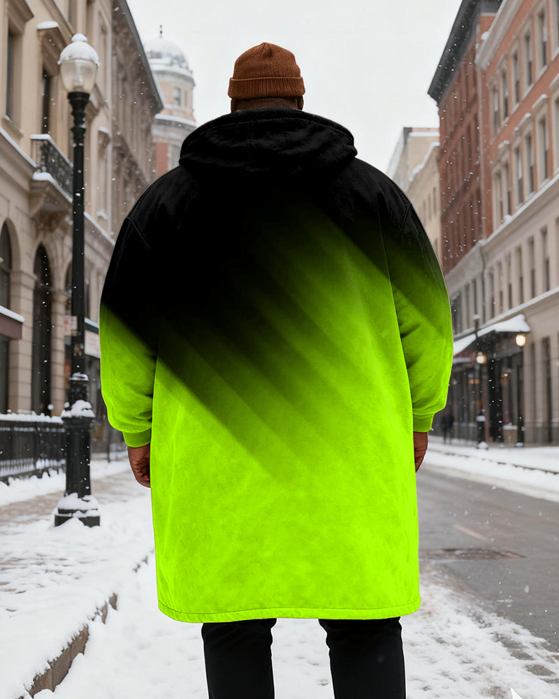 Big & Tall Men's Black And Red Gradient Printed Velvet Padded Long Hooded Coat