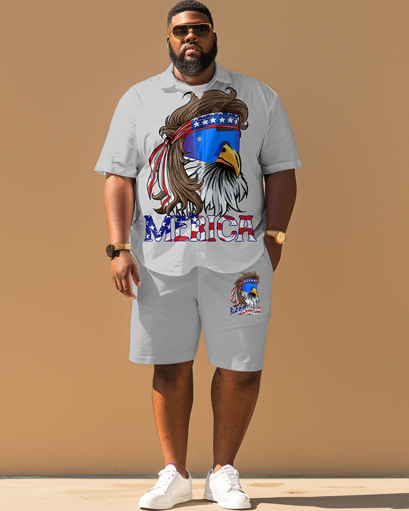 Men's Plus Size Independence Day Eagle Print Short Sleeve Shirt Shorts Suit