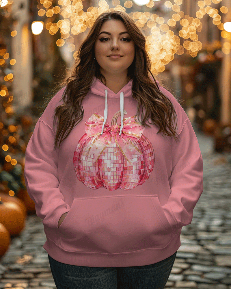 Women's Plus Halloween Shiny Mosaic Pumpkin Print Long Sleeve Hoodie
