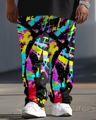 Men's Plus Size Casual Collision Color Letter Pattern Printed T-shirt Trousers Suit