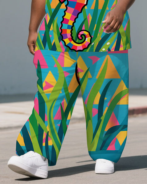 Big Guy's Animal World Triangle Seahorse Printed Short Sleeve T-shirt Pants 2-Piece Set