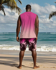Men's Plus Size Hawaiian Pink Gradient Coconut Tree Letter Print Tank Shorts Suit