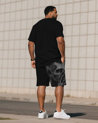 Men's Plus Size Black Prayer Skull Gesture Print Short Sleeve T-Shirt Shorts Suit