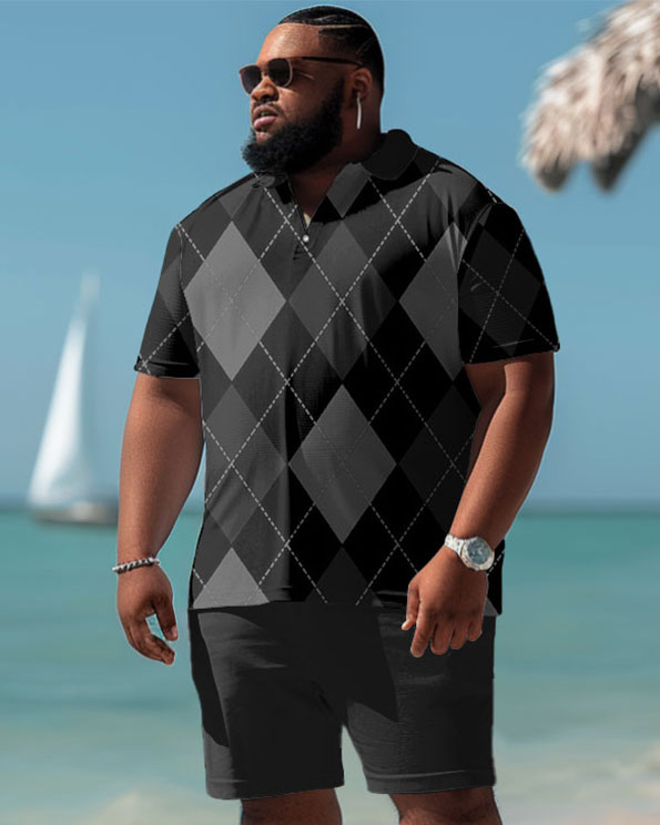 Men's Big and Tall Casual Diamond Plaid Polo Shorts Set