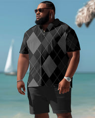 Men's Big and Tall Casual Diamond Plaid Polo Shorts Set