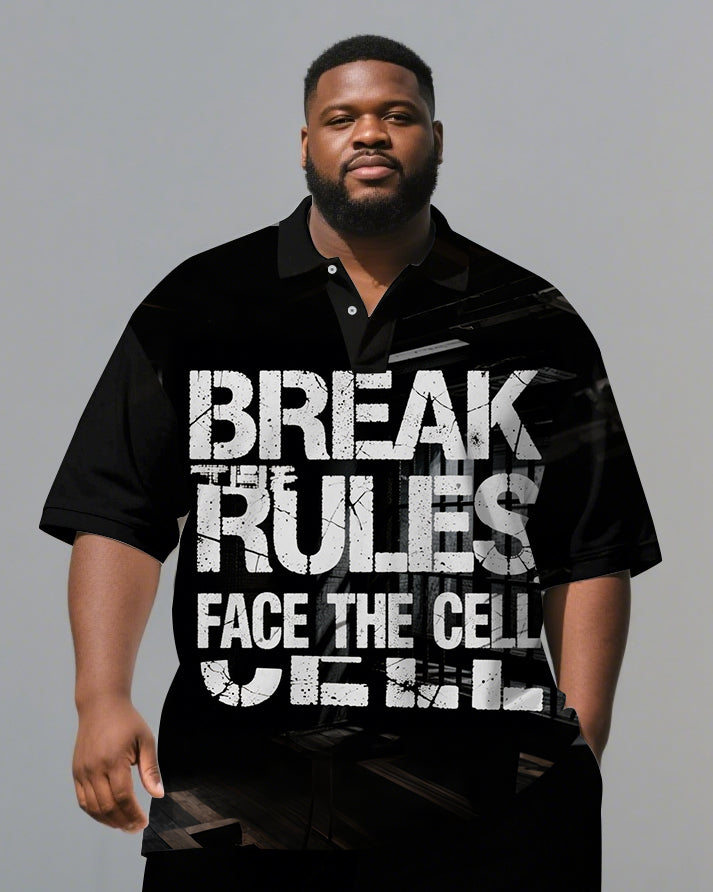 Men's Casual BREAK RULES Lettering Big Size Loose Short-Sleeve Polo Shirt & Shorts Set