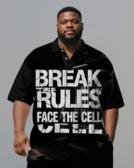 Men's Casual BREAK RULES Lettering Big Size Loose Short-Sleeve Polo Shirt & Shorts Set