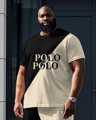 Men's Simple Splicing Color Block POLO Letter Printed Big and Tall Short Sleeve T-shirt Pants Set