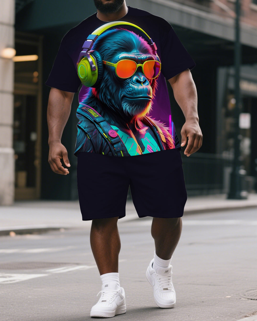 Men's Hip Hop Dreamy Nylon Gorillas Print Casual Big & Tall Short-Sleeve T-shirt & Short Set