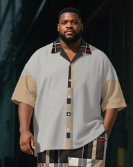 Men's Plus Size Casual Business Black Khaki Plaid Letter Print Shirt Shorts Suit