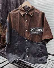 M-2XL Street Fashion Black Brown Washed Old Letter Collage Pocket Print Short Sleeve Shirt