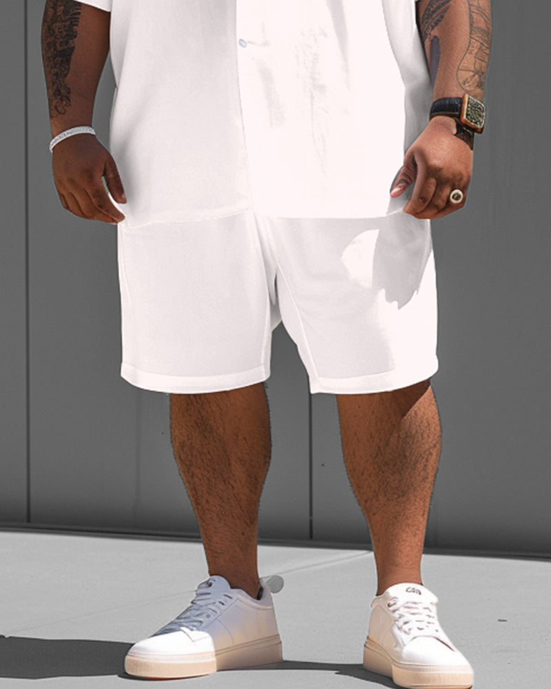 Big Guy Versatile White Solid Color Short Sleeve Shirt Shorts Set