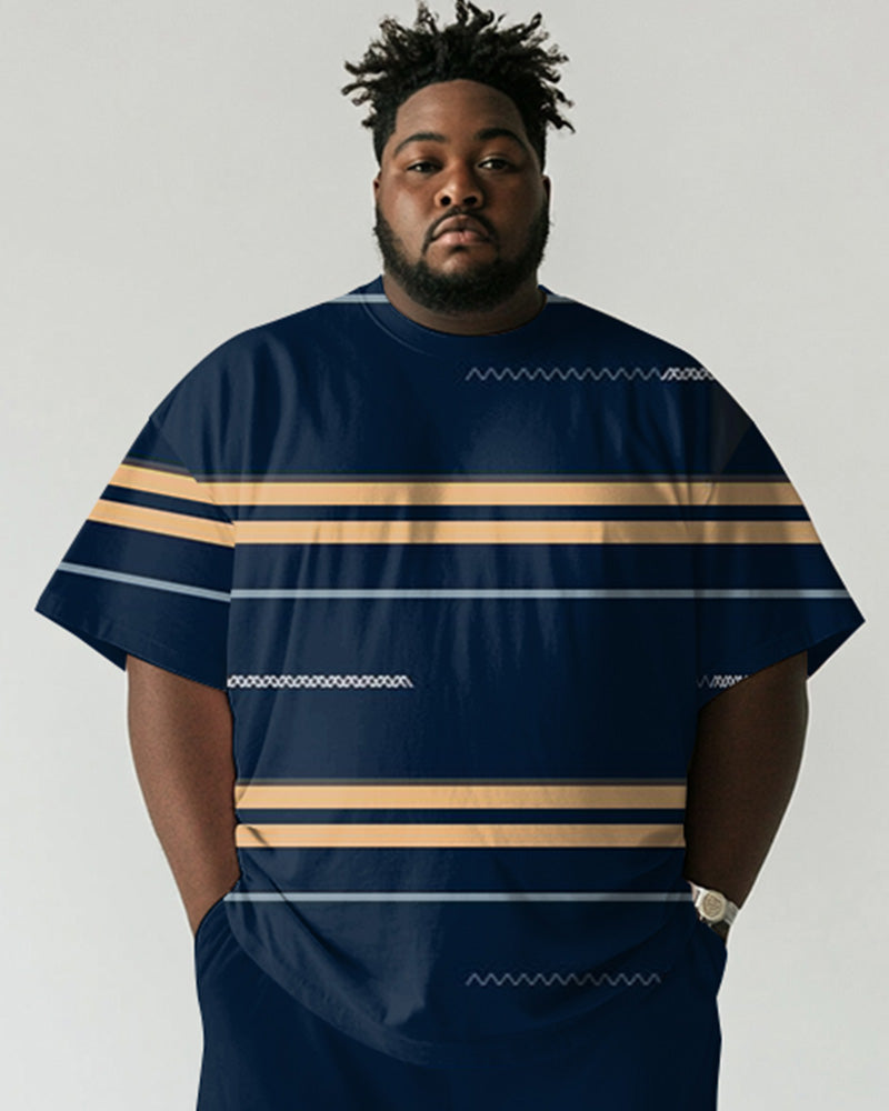 Men's Plus Size Casual Blue Stripe Print Short Sleeve T-Shirt Shorts Suit