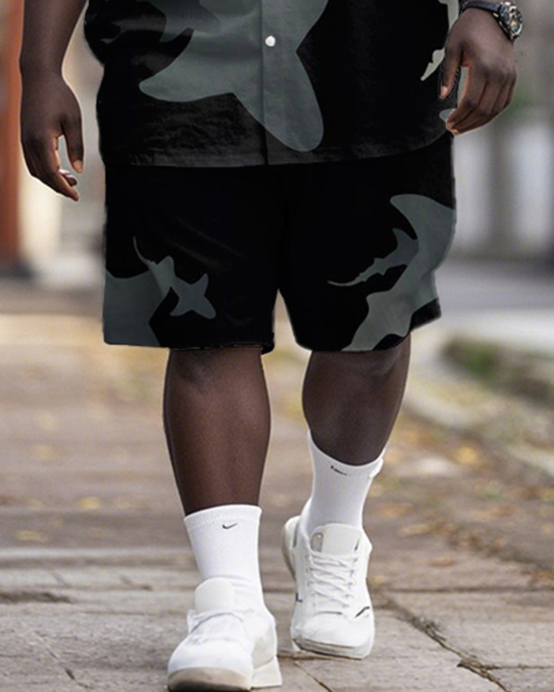 Men's Plus Size Hawaiian Shark Shadow Print Shirt Shorts Suit