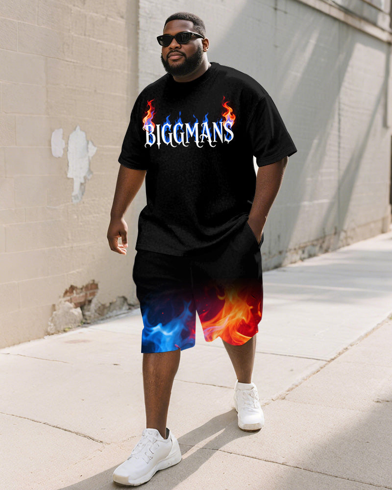 Men's Plus Size Flame Gradient BIGGMANS Letter Print Round Neck Short Sleeve T-shirt Shorts Suit