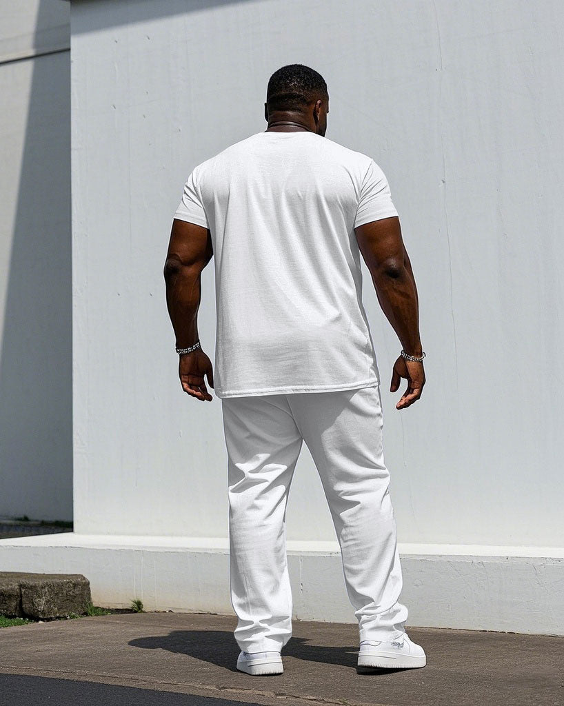 Men's Plus Size Casual White & Red Small Label Printed Short-sleeved T-shirt Trousers Suit