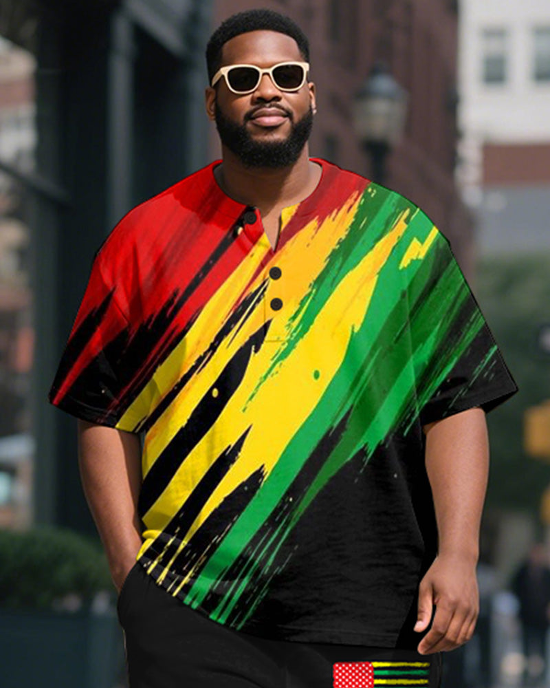 Men's Plus Size Juneteenth Graffiti Print Henley Collar Short Sleeve T-Shirt Shorts Suit