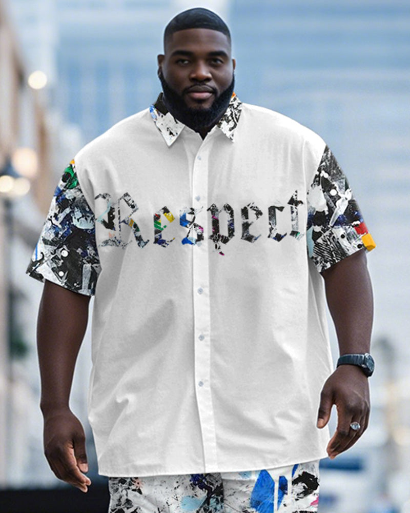 Men's Plus Size Street Fashion White Graffiti Respect Alphabet Print Shirt Shorts Suit