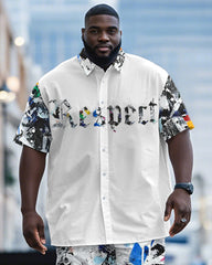 Men's Plus Size Street Fashion White Graffiti Respect Alphabet Print Shirt Shorts Suit