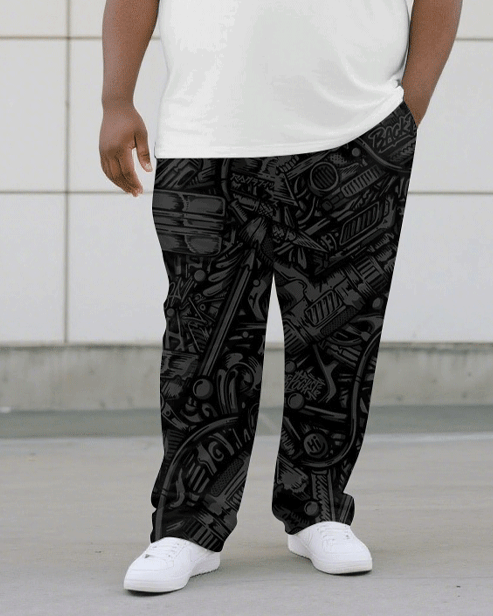 Men's Plus Size Black Jacquard King Short Sleeve T-Shirt Trousers Suit