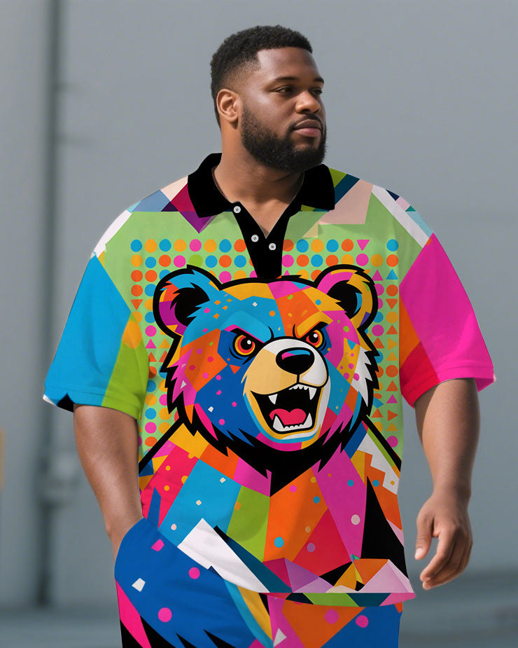 Big Men's Casual Abstract Splicing Bear Cartoon Printed Short-Sleeve Polo Shirt & Shorts Set