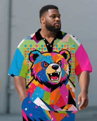 Big Men's Casual Abstract Splicing Bear Cartoon Printed Short-Sleeve Polo Shirt & Shorts Set