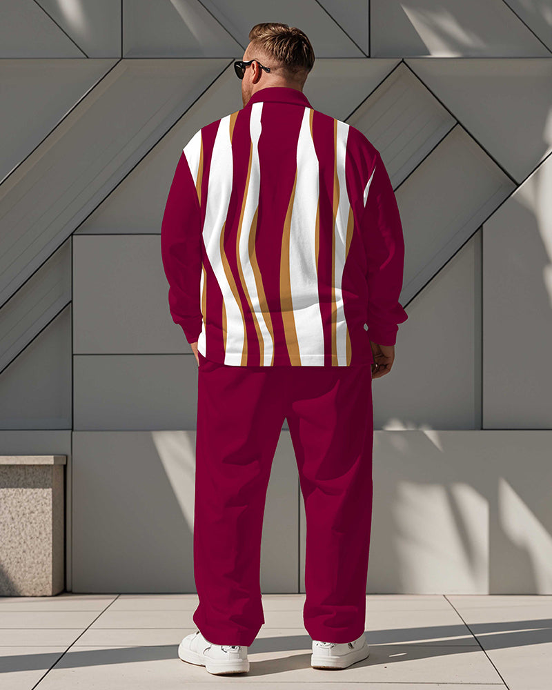 Men's Plus Size Rose Red Color Block Wave Stripe Print Long Sleeve Shirt Trousers Suit