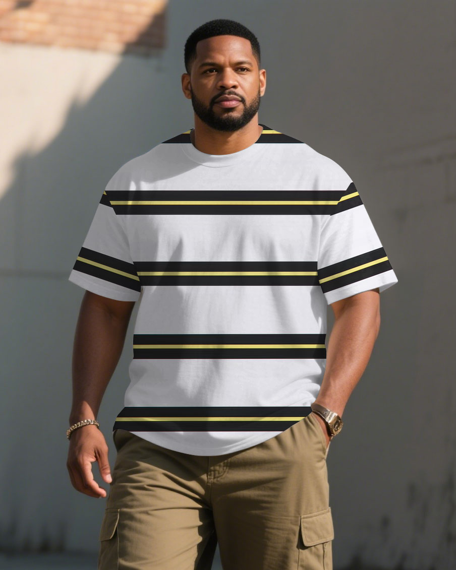 Men's Plus Size Casual White Striped Loose Round Neck Short Sleeve T-shirt