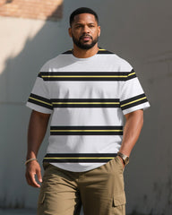 Men's Plus Size Casual White Striped Loose Round Neck Short Sleeve T-shirt