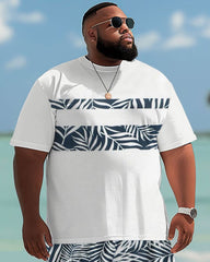 Hawaiian Simple Striped Leaf Print Shorts Big Guy's Set