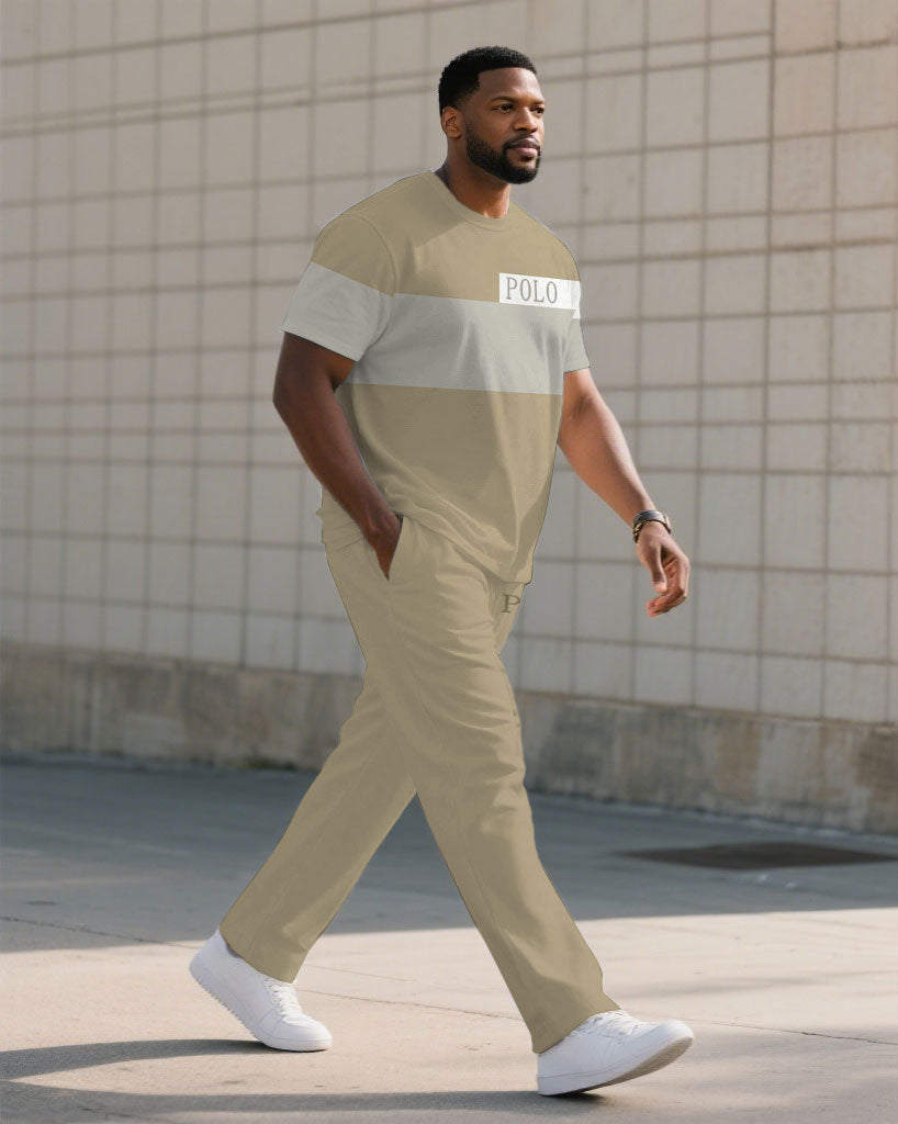 Men's Plus Size Khaki Simple Colorblock High-grade Sense Printed Short-sleeved T-shirt Trousers Suit
