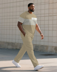 Men's Plus Size Khaki Simple Colorblock High-grade Sense Printed Short-sleeved T-shirt Trousers Suit
