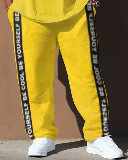 Men's Big Size Street Retro Color Block Letter Hip Hop Casual Two Piece Set